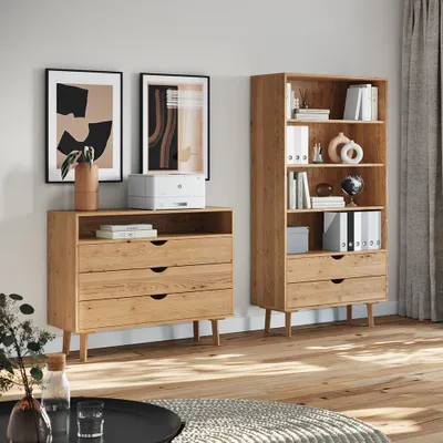 Produktbild von Büromöbel Set 2-teilig Kommode und Regal Eiche massiv SIENA-163
