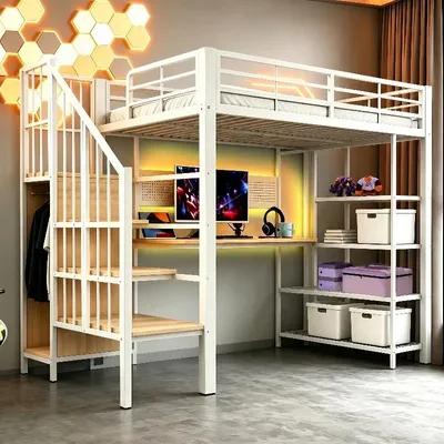 Immagine prodotto di Letto a castello in metallo, 90x200 cm, bianco, realizzato in metallo, compensato e MDF, con una scrivania integrata e una scala con spazio contenitivo, ideale per la camera da letto