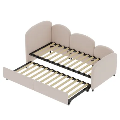 Image de Abrihome Canapé-lit Lit de jour avec lit gigogne 90x200cm, lit double fonctionnel avec sommier à lattes en velours, rose