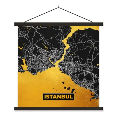 Produktbild von MuchoWow® Textilposter Istanbul - Gold - Stadtplan - Karte 120x120 cm mit schwarzem Rahmen - Aufhängungsset