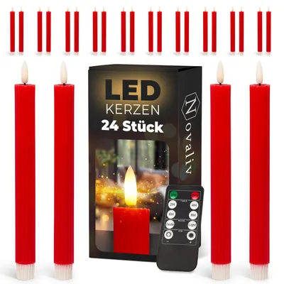 Produktbild von LED Stabkerzen 24 Stück ECHTWACHS gerippt ROT - mit Timer Funktion 6 Stunden - 23cm Höhe für Kerzen 2,2cm Durchmesser 2 AAA Batterien notwendig LED Stabkerzen 2er Set 6x ROT bewegliche Flamme Licht