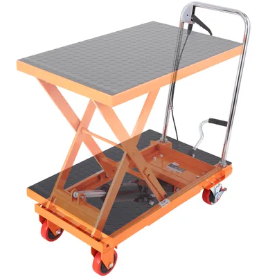 A hydraulic scissor lift table on a white background.