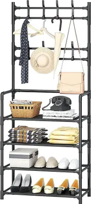 Produktbild von Mehrlagiges Schuhregal und Kleiderständer - Bodenstehende Garderobe - 4 Ebenen - Eisenmetall - Für Flur und Wohnzimmer - Zum Selbstaufbau