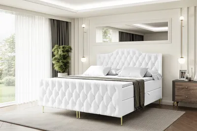 Produktbild von ALTDECOR Boxspringbett mit Gold Füßen, Matratze und Lattenrost, Topper, Fußteil, Polsterbett mit Bettkasten, Bett mit Stauraum H4-Matratze, Doppelbett - VILA-1-FZ-Z - 140x200 - Weiß Kunstleder