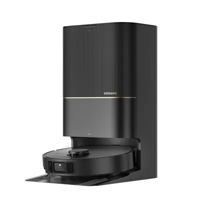 A black robot vacuum cleaner with a docking station, presented against a white background.