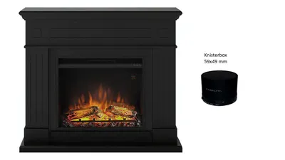 A black electric fireplace with a realistic flame effect and a small cylindrical accessory labeled 'Knisterbox' next to it.