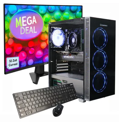 Produktbild von GAMEMAX Gaming PC Draco XD Komplett SET Ryzen 5 5500 32GB RAM 1TB SSD RTX 5050 Windows 11 + MSI MAG 32C6 Monitor Curved 80cm (32") + Zubehör