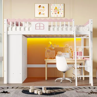 Produktbild von okwish  Hochbett,90x200cm,Kinderbett,  Einzelbett mit LED-Leuchten, mit Kleiderschrank, mit Ablageschublade,Kiefernholz(Ohne Matratze),Weiß