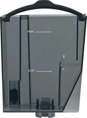 A transparent gray water tank with measurement markings.