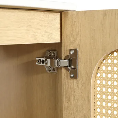 Produktbild von Merax Badezimmerschrank 61 cm mit Rattan Türen, Waschtischunterschrank mit Keramik Waschbecken, Soft-Close Tür mit Ablageböden, Naturholzsoptik
