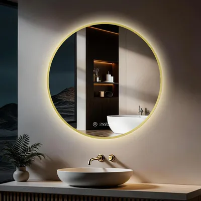 Image de S'AFIELINA miroir salle de bain LED 60 cm rond, tactile, anti-buée, variateur, horloge, température, mémoire, bordure dorée.