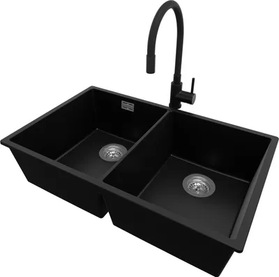 Produktbild von PRIMAGRAN Granitspüle Schwarz 76x47cm, Spülbecken 2 Becken + Küchenarmatur 40x38cm + Ablauf-Set, Küchenspüle ab 80er Unterschrank - London Slim Twin