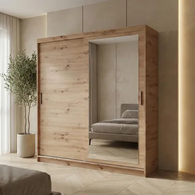 Image de BEAUTYSOFA | Armoire HELA 180 cm en chêne Artisan – Armoire moderne avec miroir et portes coulissantes, design minimaliste