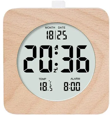Image de Design en bois, horloge analogique avec affichage 12/24 heures, affichage de la température et de la date.