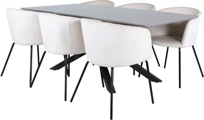 Produktbild von PiazzaGRBL Essgruppe Esstisch grau und 6 Berit Esszimmerstühle Velour beige.