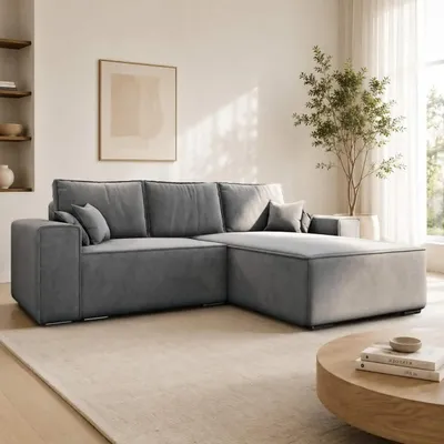 Produktbild von GOLDSOFF OSLO Ecksofa mit schlaffunktion & bettkasten 250x176 cm | Ecksofa L-form mit Federkern | Schlafsofa mit Klappmechanismus (Grau)