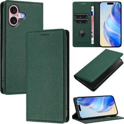 Produktbild von Litchi Leder Handyhülle für iPhone 16 Wallet Kartenfächer Standfunktion Hülle Grün