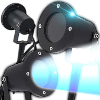 Two black outdoor LED spotlights with blue light beams.