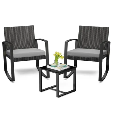 Produktbild von BEALIFE WR210 Rattanset 3-tlg. | Gartenset mit Grauen Kissen | 1 Tisch + 2 Stühle für Balkon & Garten