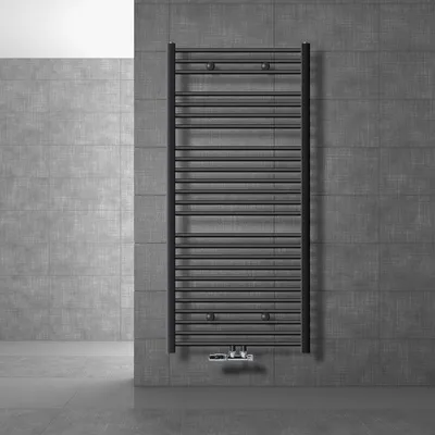 Produktbild von LuxeBath Badheizkörper Mittelanschluss 750 x 1500 mm Anthrazit gebogen mit Thermostat und Anschlussgarnitur Eck Wand - Heizkörper, ohne Heizstab