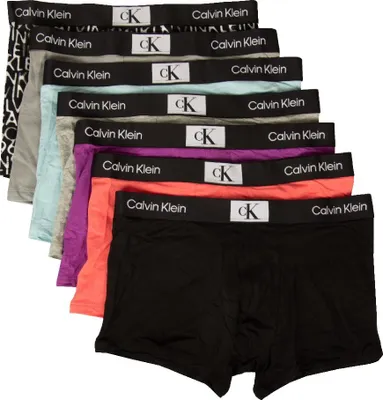 Obrázek produktu pro CK CALVIN KLEIN Pánské boxerky, balení po 7 kusech, viditelný gumový pas, strečová bavlna, číslo výrobku NB3582A, velikost S / IN 28–30 / 71–76 cm, 95 % bavlna, 5 % Elastan