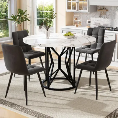 Image de OKWISH Ensemble Table et Chaises - Table Ronde à Manger avec 4 Chaises, Ensemble Repas 5 Pièces en MDF et Velours - 100x100x76 cm - Blanc Gris Noir
