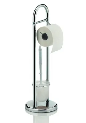 A chrome toilet brush and toilet paper holder stand.