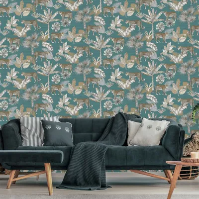 Produktbild von DUTCH WALLCOVERINGS Tapete Leoparden-Motiv Blau und Beige