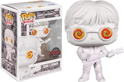 A Funko Pop! Rocks John Lennon vinyl figure in its packaging, with a separate image of the figure outside the box.