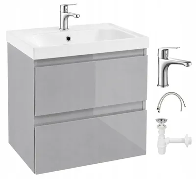 Produktbild von Hängender Badschrank mit Waschbecken, Armatur & Siphon, Grau Hochglanz, 60 cm