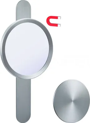 Produktbild von DEUSENFELD KM5EG - Echt Edelstahl Magnet Kosmetikspiegel mit 2 selbstklebenden Wandplatten, Klebespiegel, magnetisch abnehmbar, Ø15cm, 5x Vergrößerung, matt gebürstet