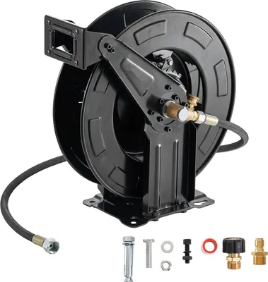 Produktbild von Schlauchtrommel für Hochdruckreiniger - Stahl-Schlauchaufroller - 15,2 m x 9,5 mm Schlauch - Automatisches Aufrollen - Max. 275 bar - Wand-/Bodenmontage - Für Autowäsche & Garten