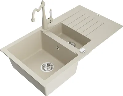 Produktbild von Mexen Matias 1,5-Becken-Granitspüle mit Abtropffläche und Mischbatterie Carla, Beige - 6502-69-670700-69
