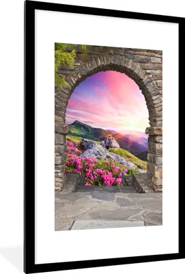 Produktbild von MuchoWow® Gerahmtes Poster Landschaft - Aussicht - Blumen - Berg 60x90 cm - Poster mit Schwarzem Bilderrahmen Wandposter Rahmen Foto Bilder - Dekoration - Wandposter Wohnzimmer - Hochwertig