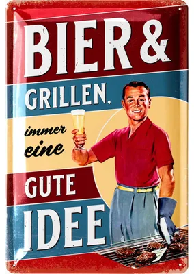 Produktbild von Retro Blechschilder Grillen - Bier und GRILLEN immer eine gute Idee, BBQ Grill Retro Deko, Grillplatz Schild Garten, Papas Grillecke Schild