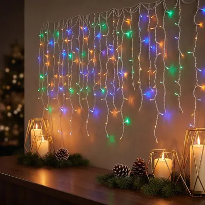 Produktbild von LARS360 Lichtervorhang 15 m, 600 LEDs, 8 Modi, Memory & Fernbedienung, Bunt, Eisregen Weihnachtsbeleuchtung für Fenster, Balkon & Terrasse