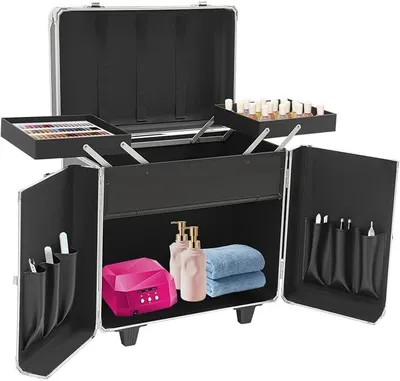 Produktbild von Kosmetikkoffer Trolley Make Up Koffer 3-in-1 Friseurkoffer Groß Schminkkoffer mit Rollen Nagelkoffer Fußpflegekoffer, Mobiler Werkzeugkasten für den Fußpflegedienst