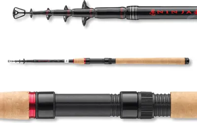 Three views of a fishing rod, showing the tip, the full rod, and the handle.