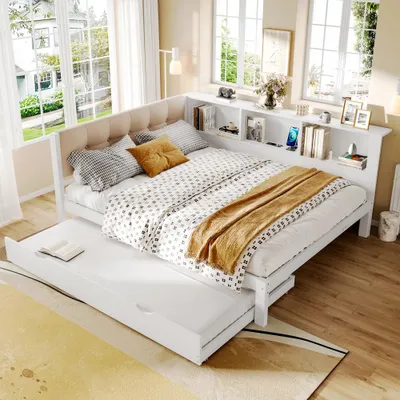 Produktbild von Schlafsofa, Daybett, mit LED-Beleuchtung, USB, Stauraum, mit ausziehbarem Bett, mit praktischem Regal,  Ohne Matratze, Weiß, 140x200cm