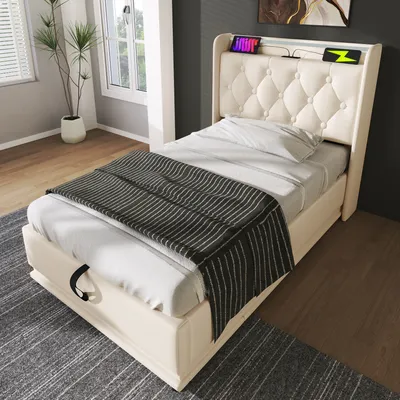 Produktbild von okwish Boxspringbett Polsterbett 90 x 200 cm mit Kopfteil mit USB&Typ-C-Ladeanschluss, Hydraulisches Stauraumbett mit Bettkasten Stauraum und mit LED-Beleuchtung(Ohne Matratze)- Polyurethanwei