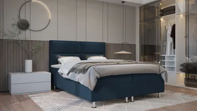 Obrázok produktu pre PREDAJ LEADER skriňová pružinová posteľ BOGOTA 200x200 cm čalúnená posteľ s dvoma zásuvkami, kompletná súprava s matracom a topperom (4 cm), tmavomodrá, posteľná látka ELEMENT 13