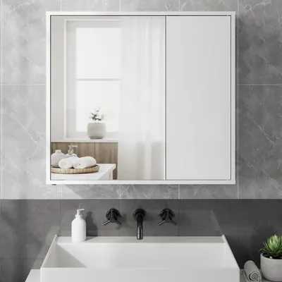 Produktbild von Badezimmerschrank mit Spiegel, Toolless-Technologie, superschnelle werkzeuglose Montage, Spiegelschrank, modern, weiß