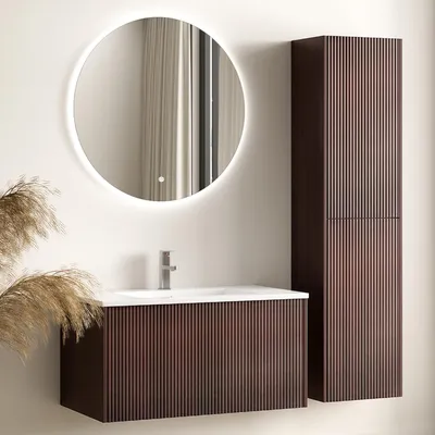 Produktbild von LOMAZOO Waschtisch ROVANI 80 cm - Nussbaum Rillenfront - Waschbecken Weiß