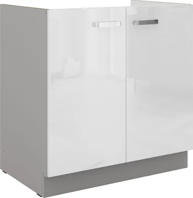 A white and gray kitchen cabinet with two doors and silver handles, shown from a slight angle against a white background.