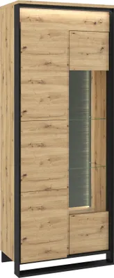 A tall, narrow display cabinet with a wood-grain finish and black framing, featuring a glass-fronted section.