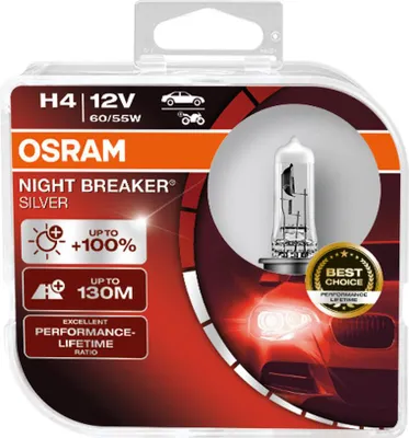 2x H4 60/55W OSRAM NIGHT BREAKER SILVER +100% Birne Lampe Scheinwerfer – Produktansicht