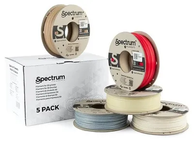 Image de Filament 3D Spectrum, PLA spécial, 1,75mm, 5x250g, 80754, mélange Stone Light, Stone Dark, Thermoactiv Red, Wood OAK, Glow Green