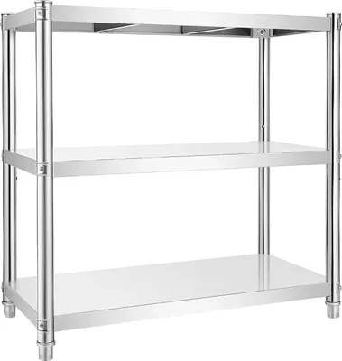 Zdjęcie produktu dla Regał kuchenny ze stali nierdzewnej – 3-poziomowy regał do dużych obciążeń – stal nierdzewna 201 – 80×80×40 cm – nośność 20–30 kg – odległość między poziomami 30,4 cm – regulacja wysokości 6 cm
