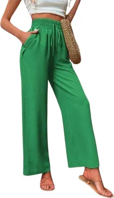 Produktbild von ASKSA Damen Hose Hohe Taille Weitem Bein Einfarbig Freizeithose Tunnelzug Leicht Sommerhose Mit Taschen (Gruen,XL)