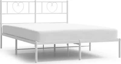 A white metal bed frame with a mattress on a white background.